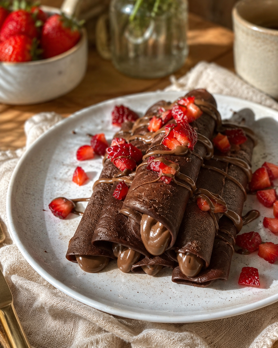 Crepes roll de chocolate sin huevo y sin azúcar