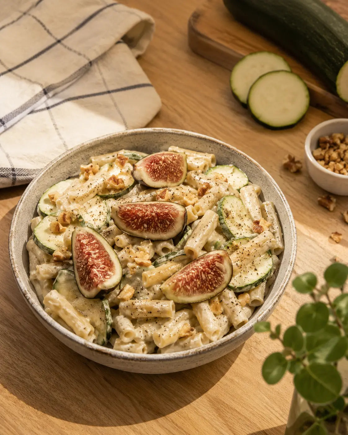 Pasta fría proteica con salsa de gorgonzola e higos ProteinK
