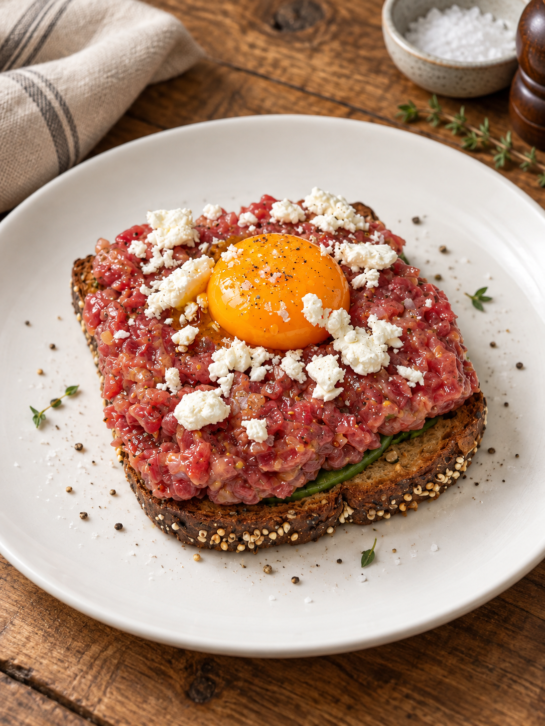 Tosta de steak tartar con yema curada en soja, aguacate y feta ProteinK
